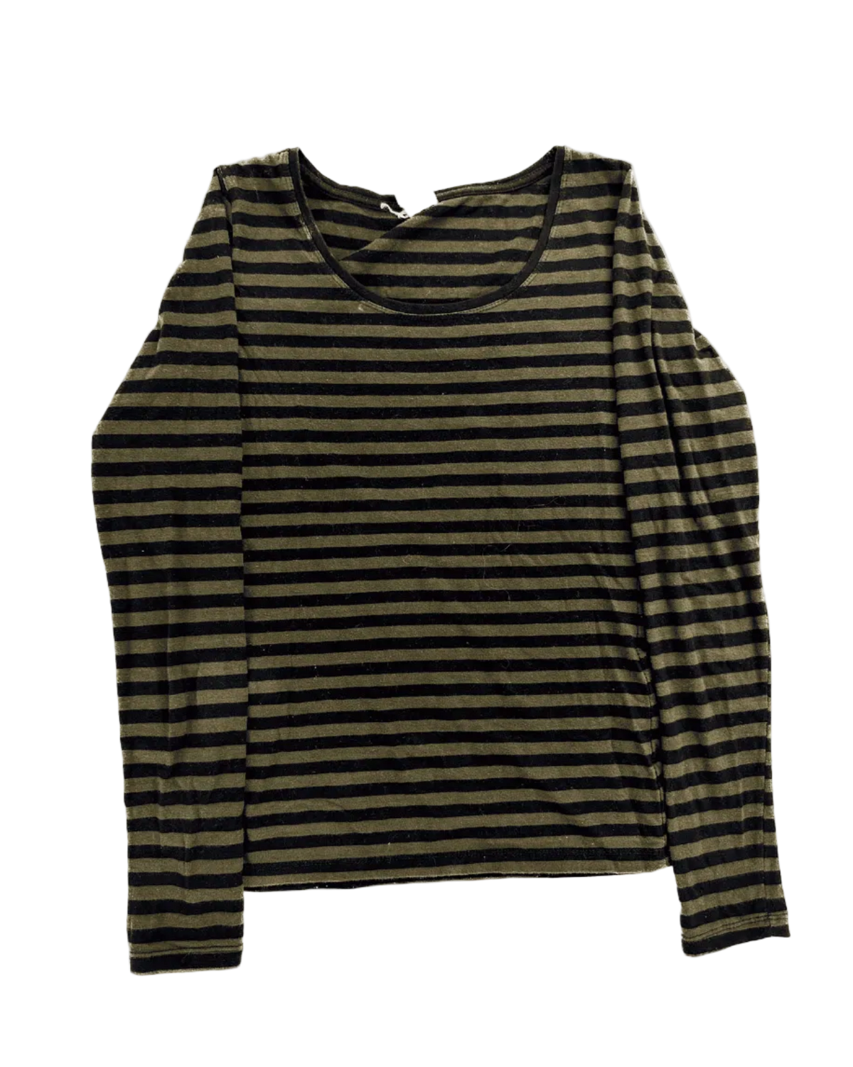 Green and black striped long-sleeve crewneck top, front view