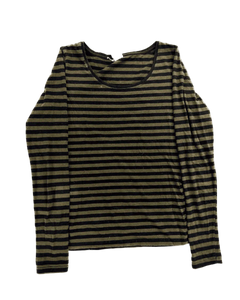 Green and black striped long-sleeve crewneck top, front view