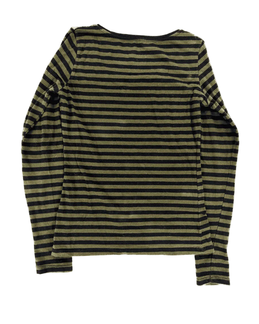 Green and black striped long-sleeve crewneck top, back view