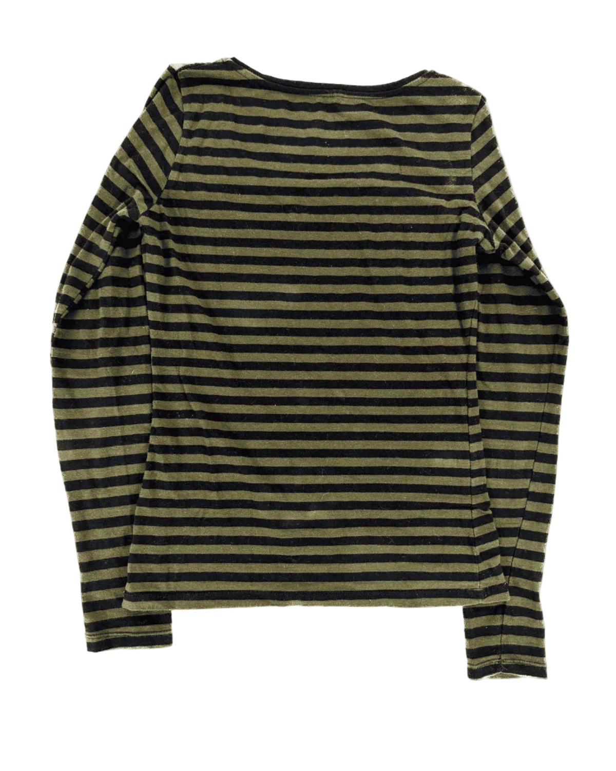 Green and black striped long-sleeve crewneck top, back view