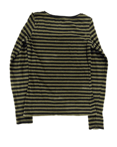 Green and black striped long-sleeve crewneck top, back view
