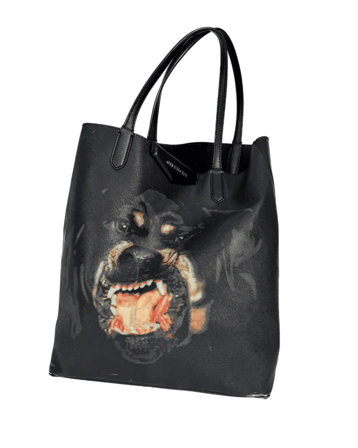Givenchy black leather tote bag with large rottweiler face print on front