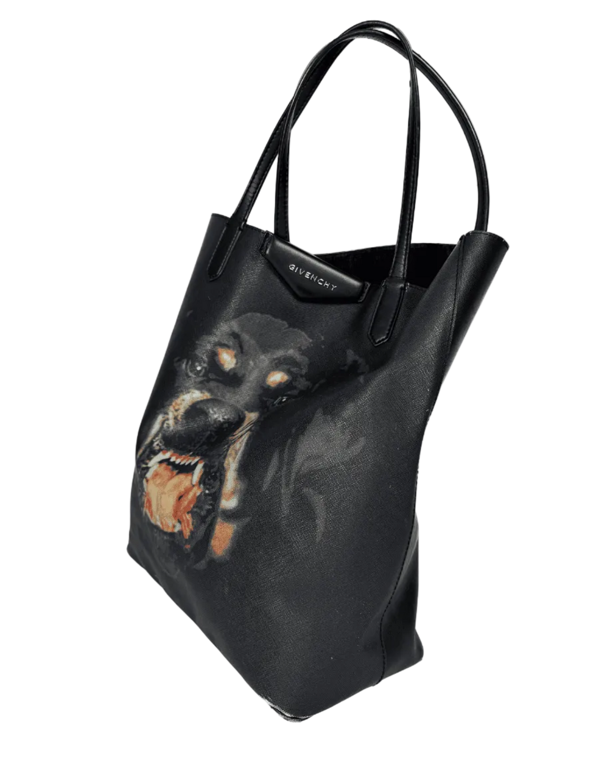 Givenchy black leather tote bag with rottweiler face graphic on front