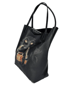 Givenchy black leather tote bag with rottweiler face graphic on front