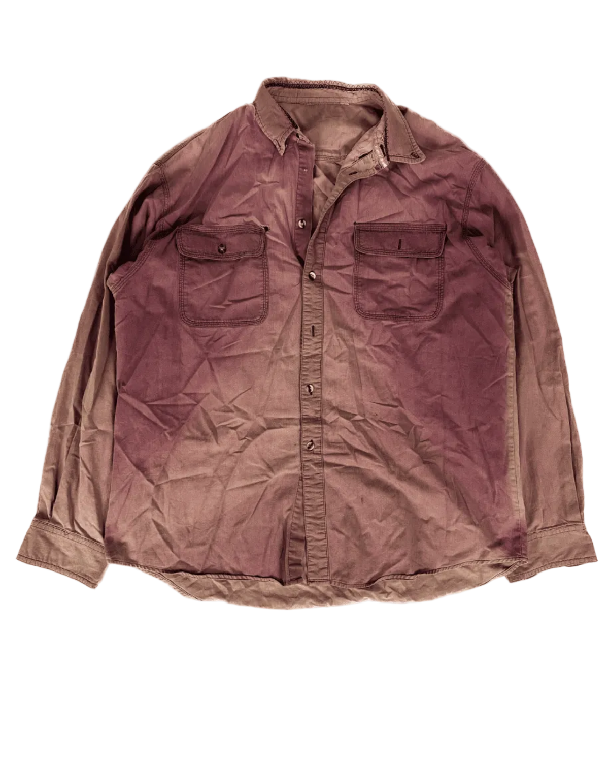 Distressed rose button-up shirt, front view with collar and two chest pockets