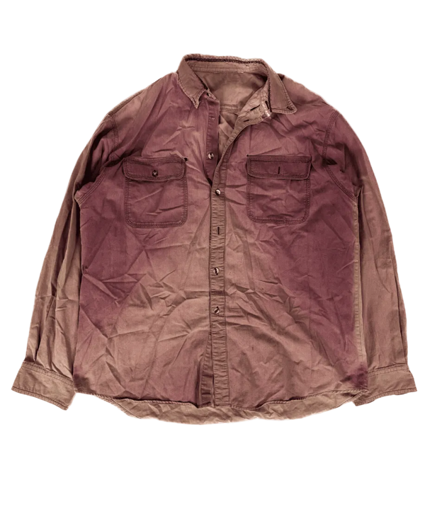 Distressed rose button-up shirt, front view with collar and two chest pockets