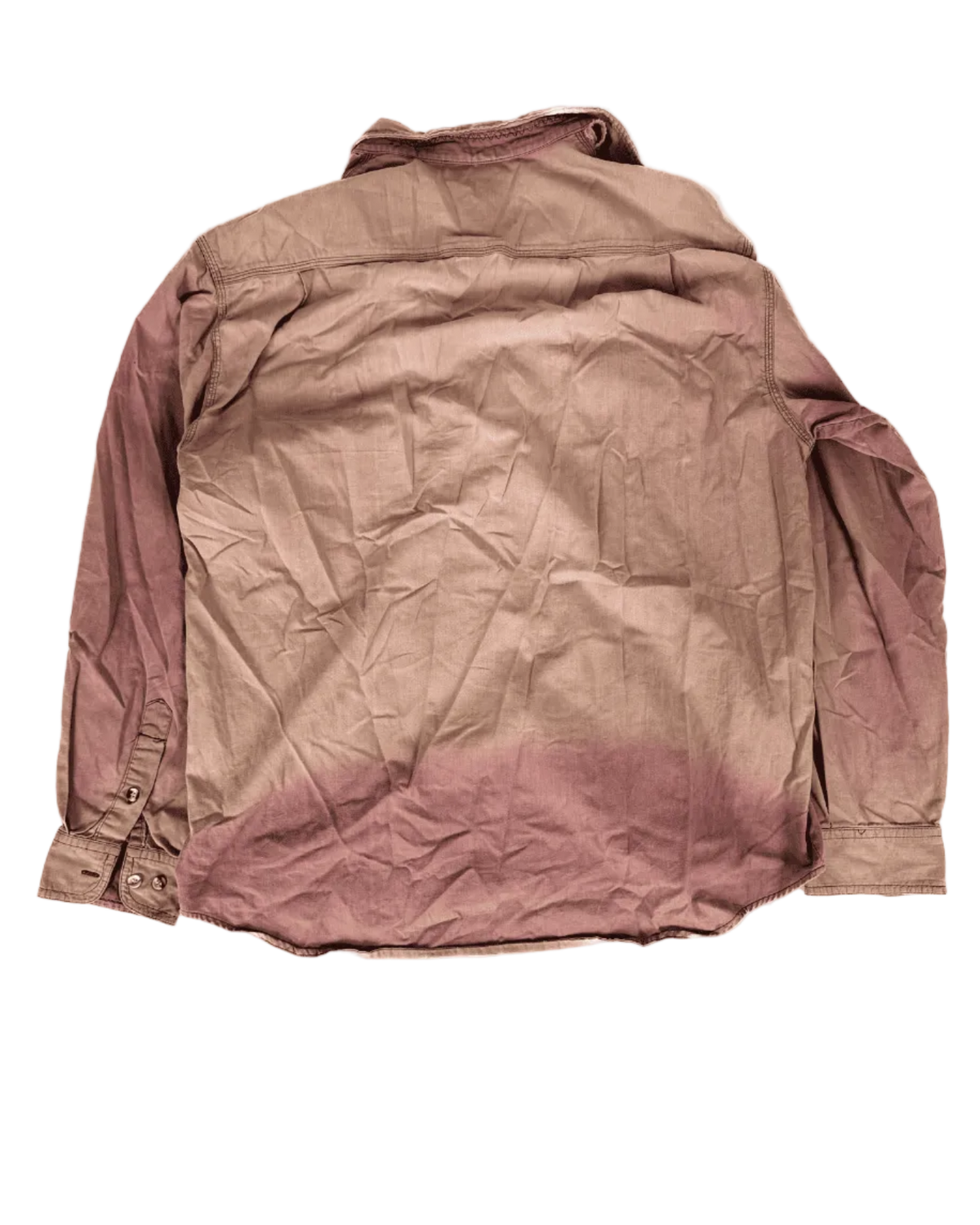 Distressed rose button-up shirt, back view with worn creases and button closure