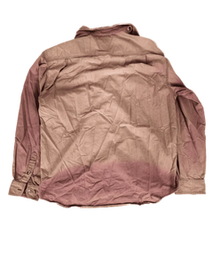 Distressed rose button-up shirt, back view with worn creases and button closure
