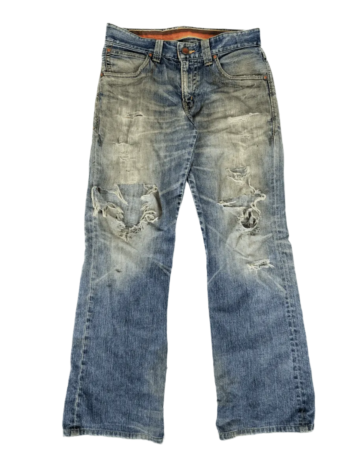 Distressed light-blue denim jeans with torn knees and large back-pocket rips