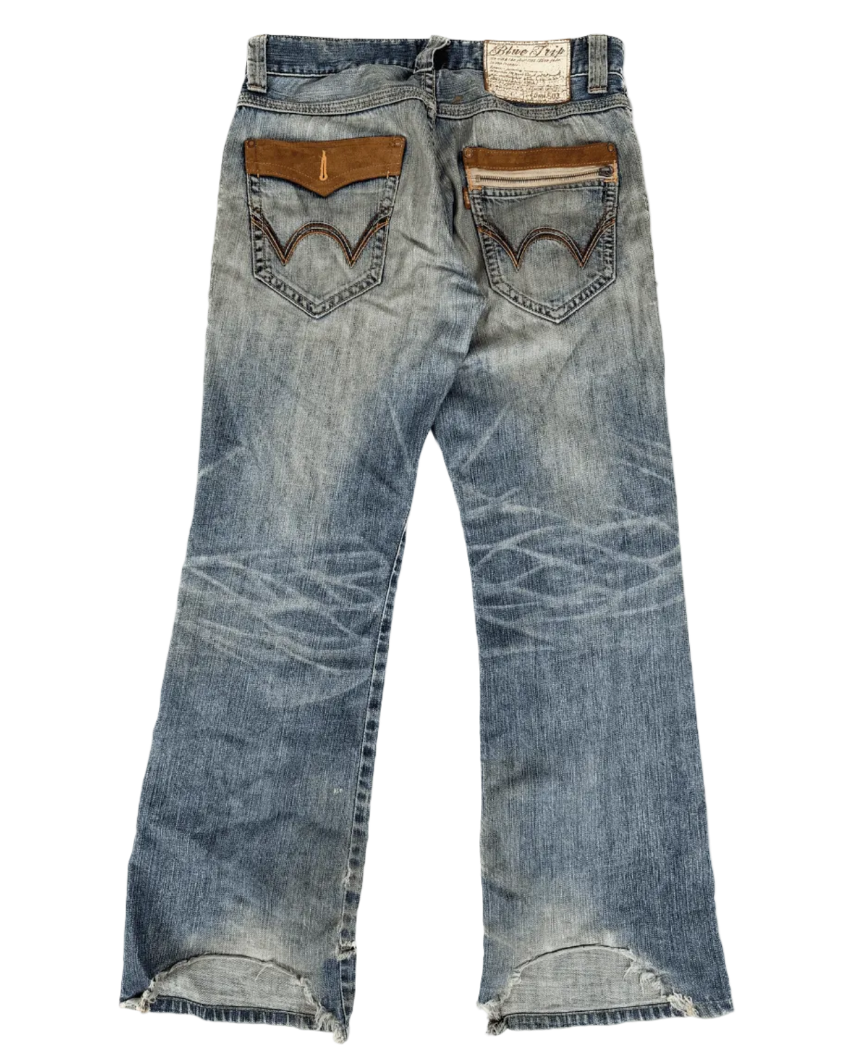 Distressed light-blue denim jeans with brown patch pockets and frayed hem