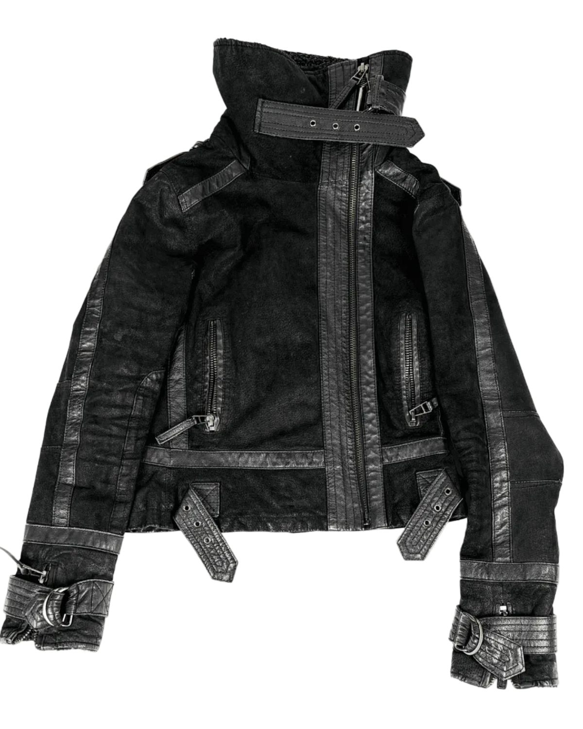 Dark high-collar buckle jacket front with zip placket, patch pockets, and metal strap details