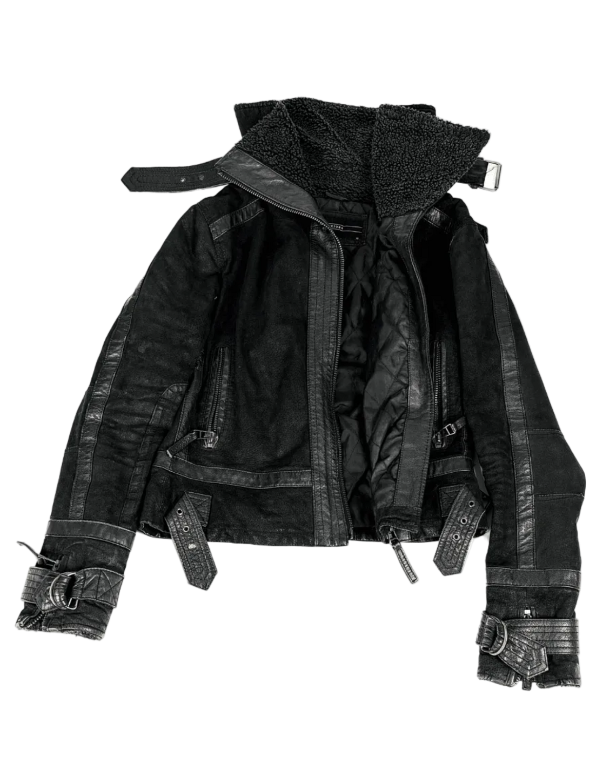 Dark high-collar buckle jacket with quilted panels, front zipper, and wide belt straps
