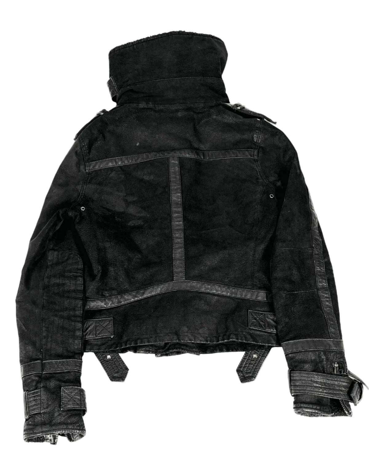 Dark high-collar buckle jacket back with central panel, seams, and cuff strap closures