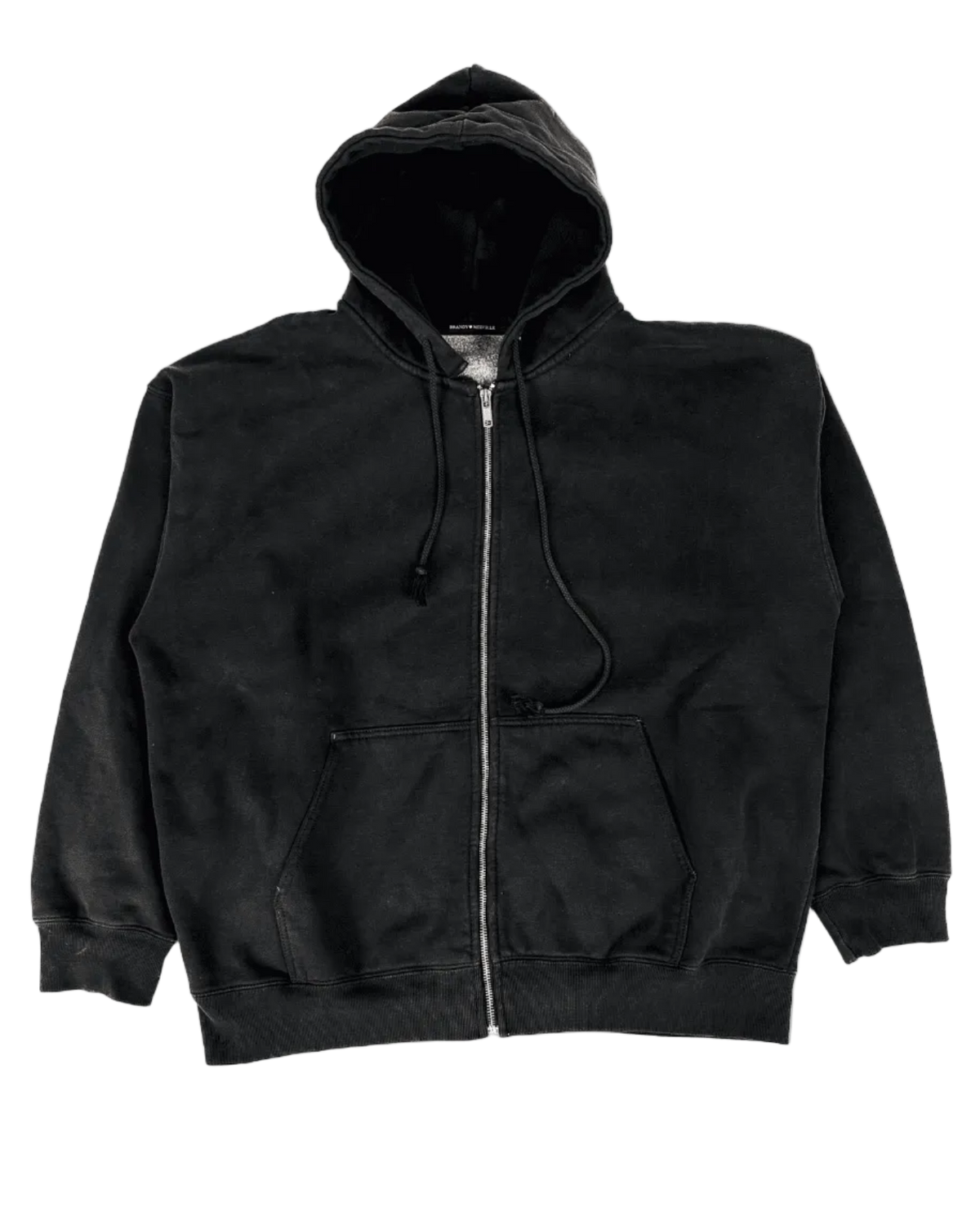 Dark zip-up hoodie with hood, drawstrings, front pocket and visible zipper