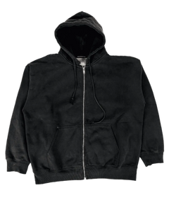 Dark zip-up hoodie with hood, drawstrings, front pocket and visible zipper