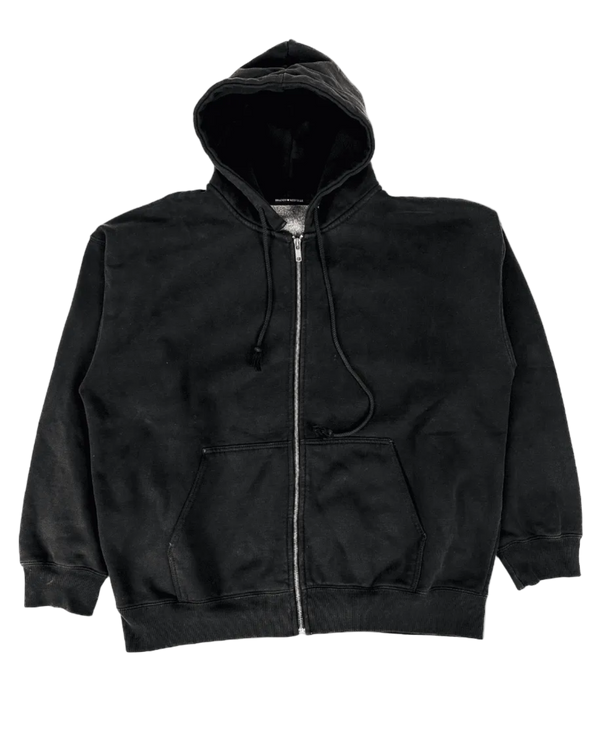 Dark zip-up hoodie with hood, drawstrings, front pocket and visible zipper