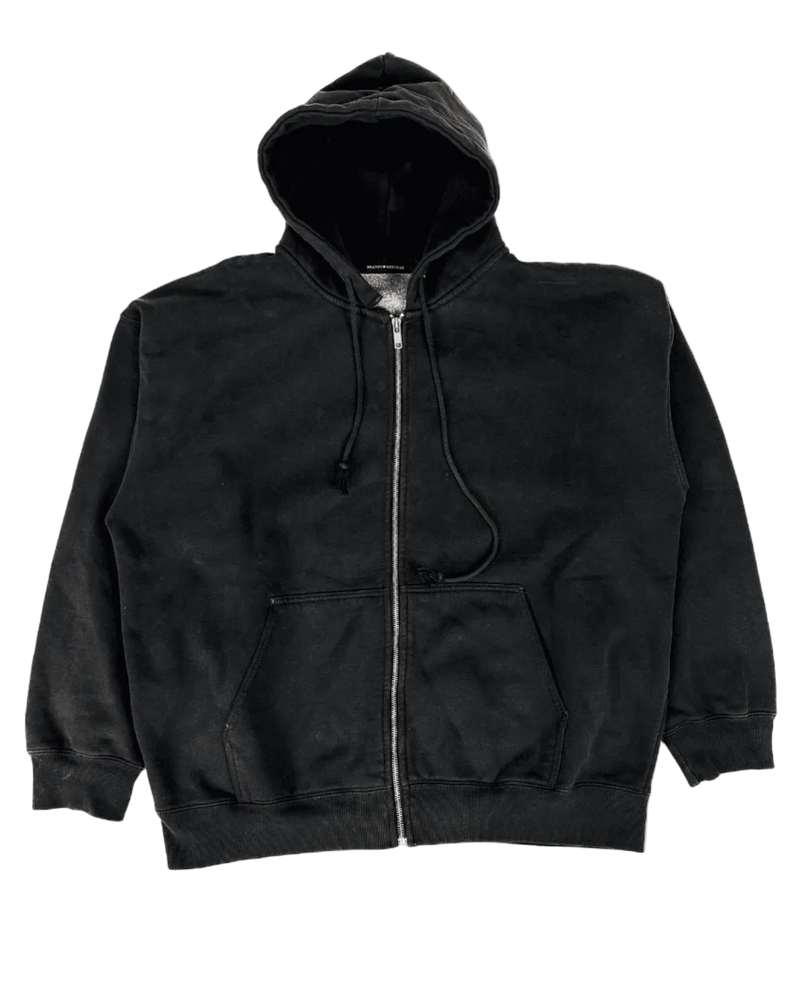 Dark zip-up hoodie with hood, drawstrings, front pocket and visible zipper