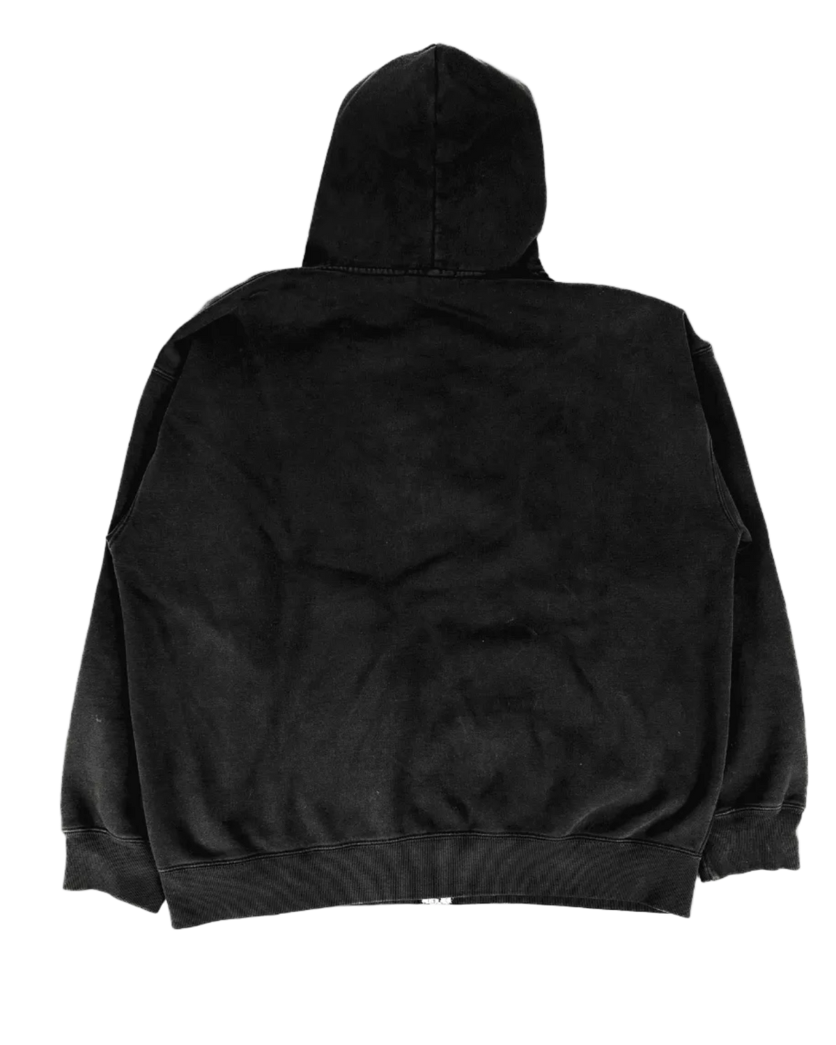 Dark zip-up hoodie with hood, back view; ribbed hem and cuffs