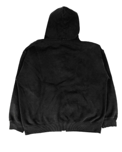 Dark zip-up hoodie with hood, back view; ribbed hem and cuffs