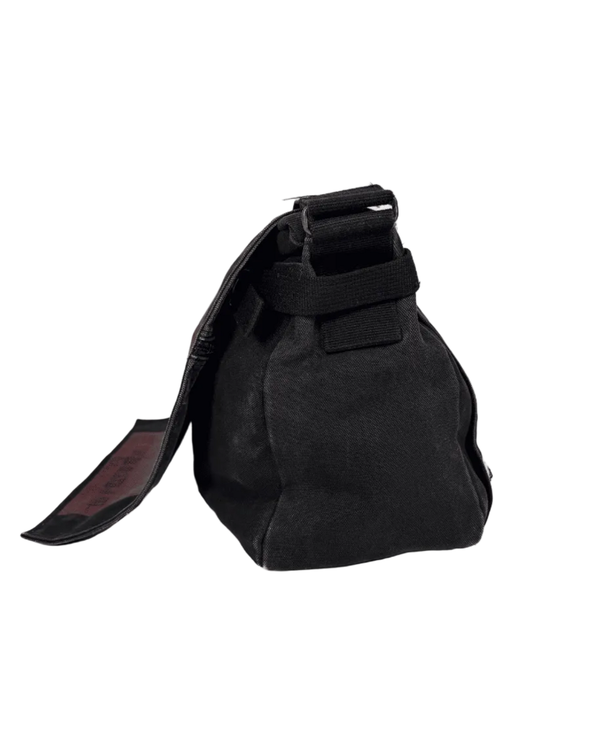 Black messenger bag with adjustable strap and flap front pocket