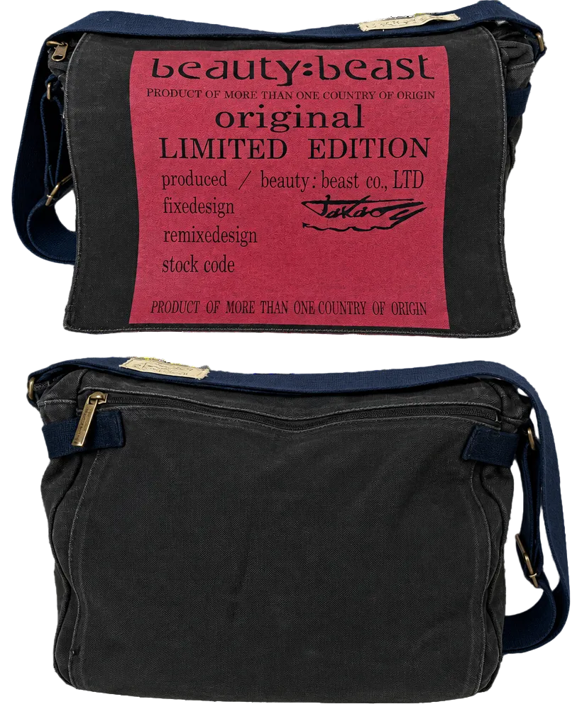 Black messenger bag, front zipper pocket, blue side straps and gold-tone hardware