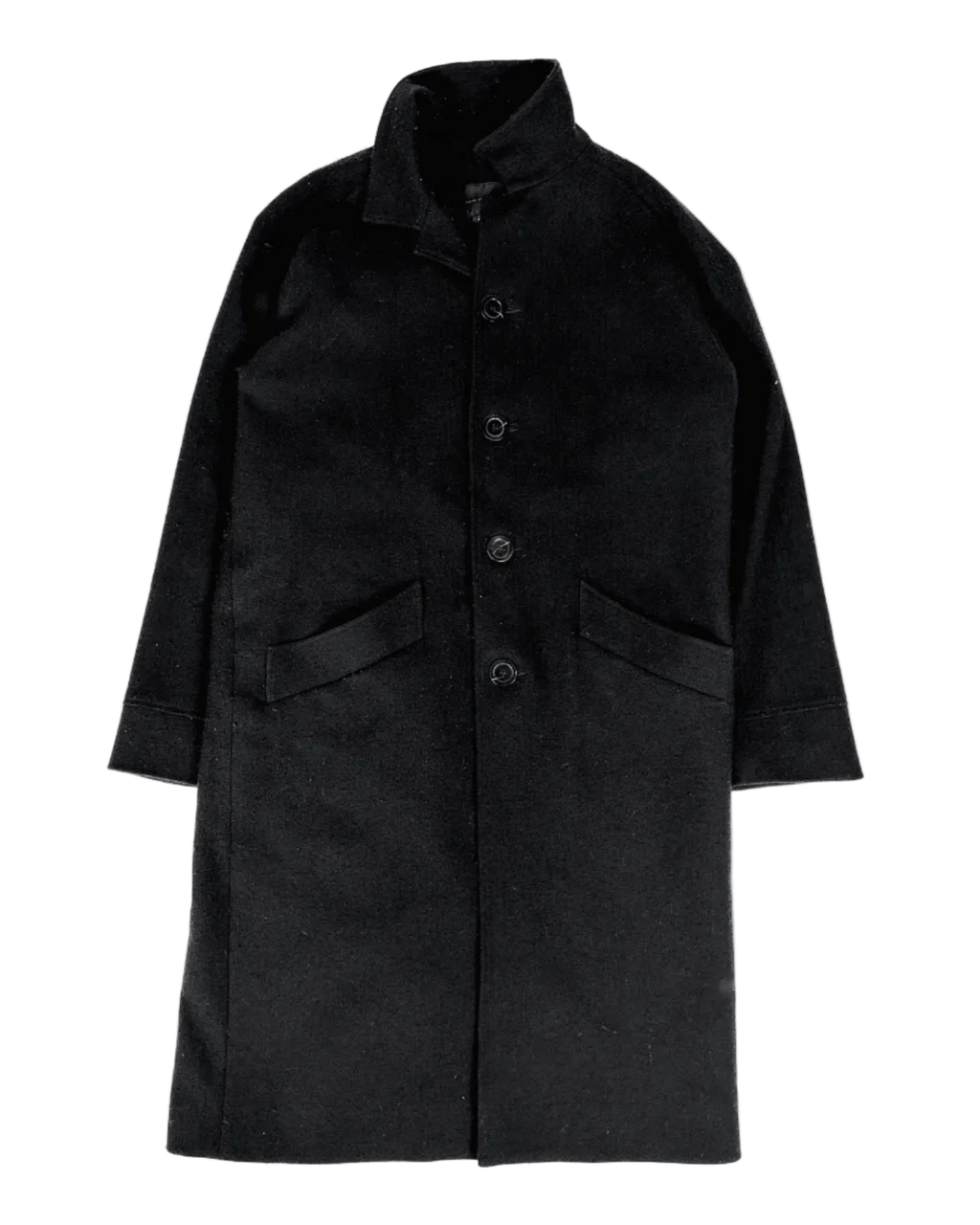 Dark wool trench coat, front view, buttoned placket, flap pockets, structured collar