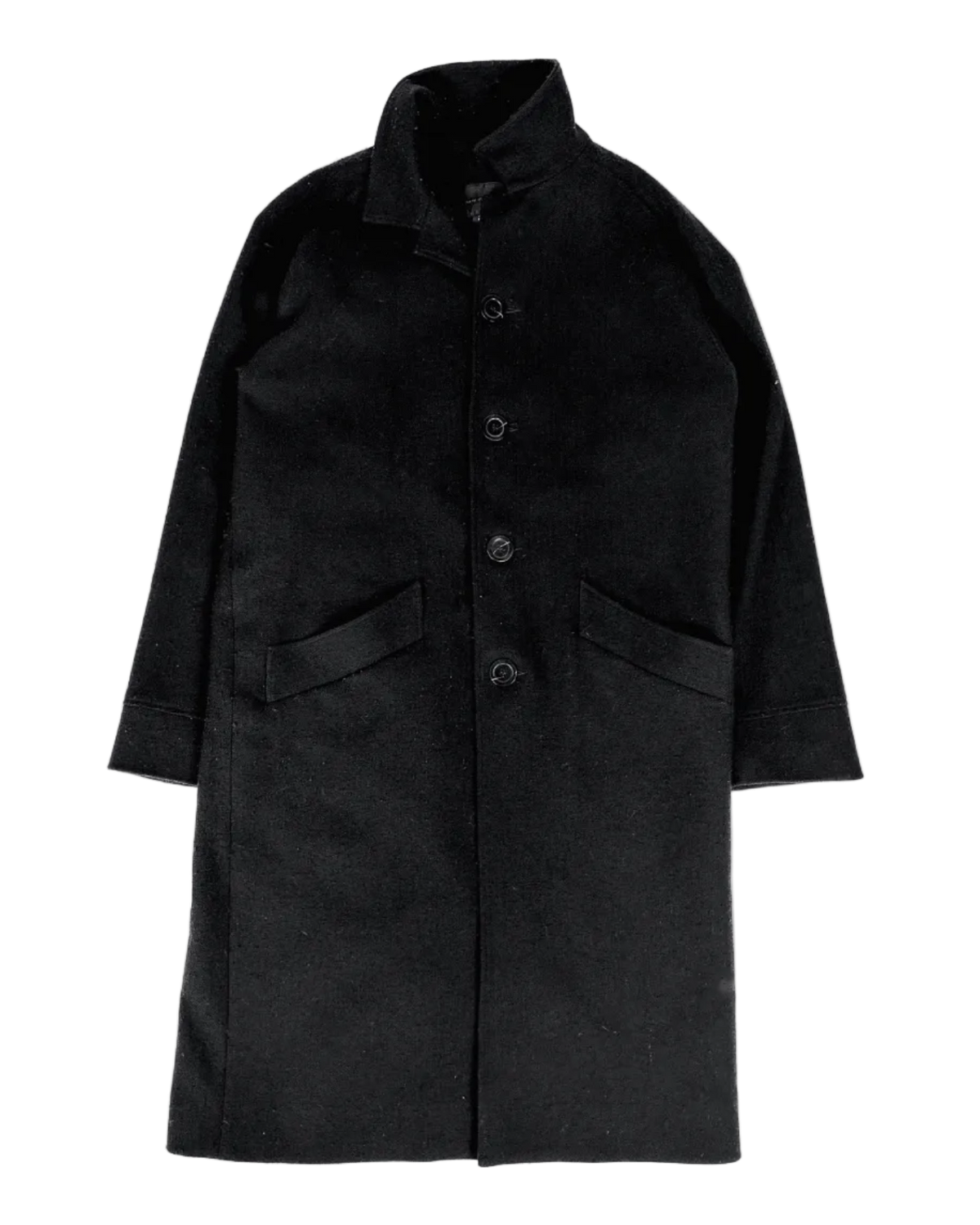 Dark wool trench coat, front view, buttoned placket, flap pockets, structured collar