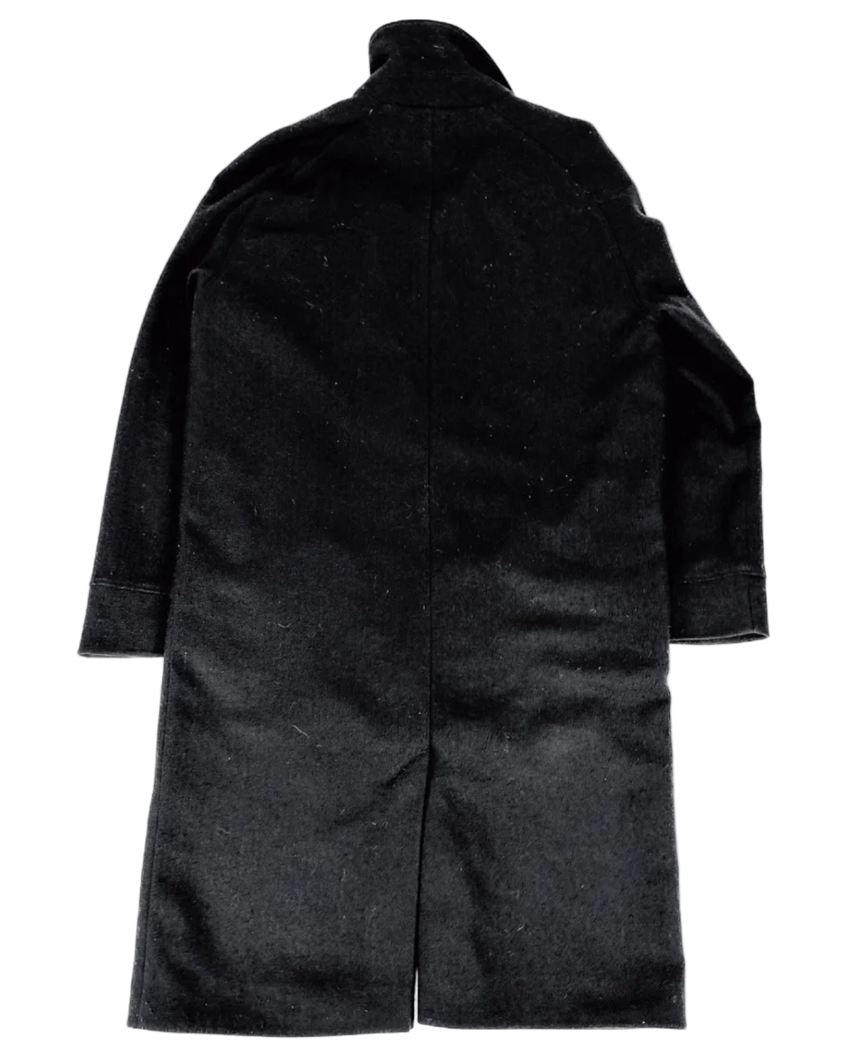 Dark wool trench coat, back view, structured collar, vertical seam lines
