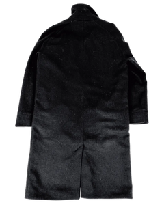 Dark wool trench coat, back view, structured collar, vertical seam lines