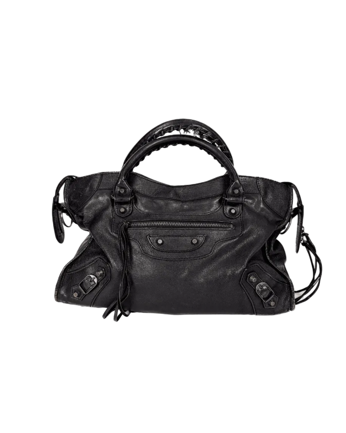 Black leather satchel with top handle, front organizer pocket, and side tassel cords