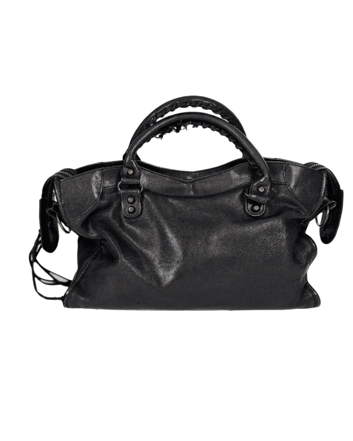 Black leather duffel bag with top handle, snap straps, and adjustable shoulder strap