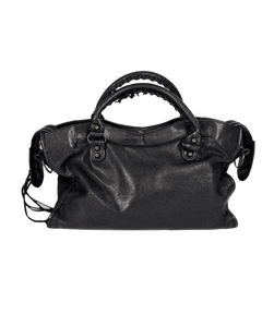 Black leather duffel bag with top handle, snap straps, and adjustable shoulder strap