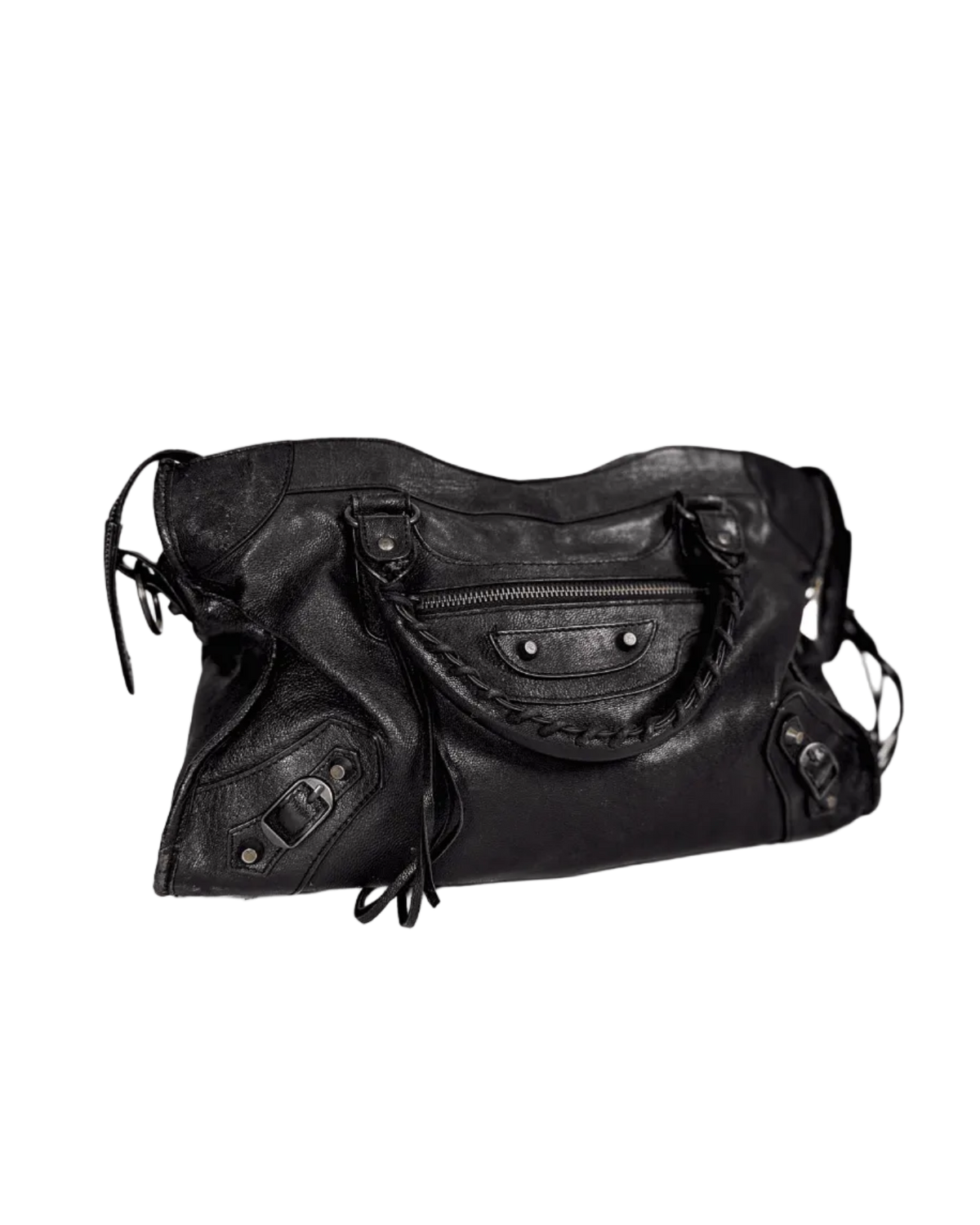 Black leather satchel with top handle, front zipper pocket, and side stud details