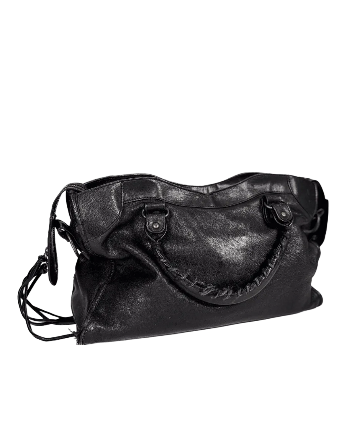 Black leather shoulder bag with curved top, front zipper, and side buckle strap tabs