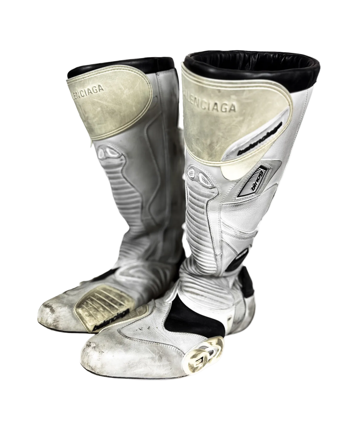 Balenciaga Winter23 white moto boots, black cuffs and embossed logo panels