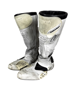 Balenciaga Winter23 white moto boots, black cuffs and embossed logo panels