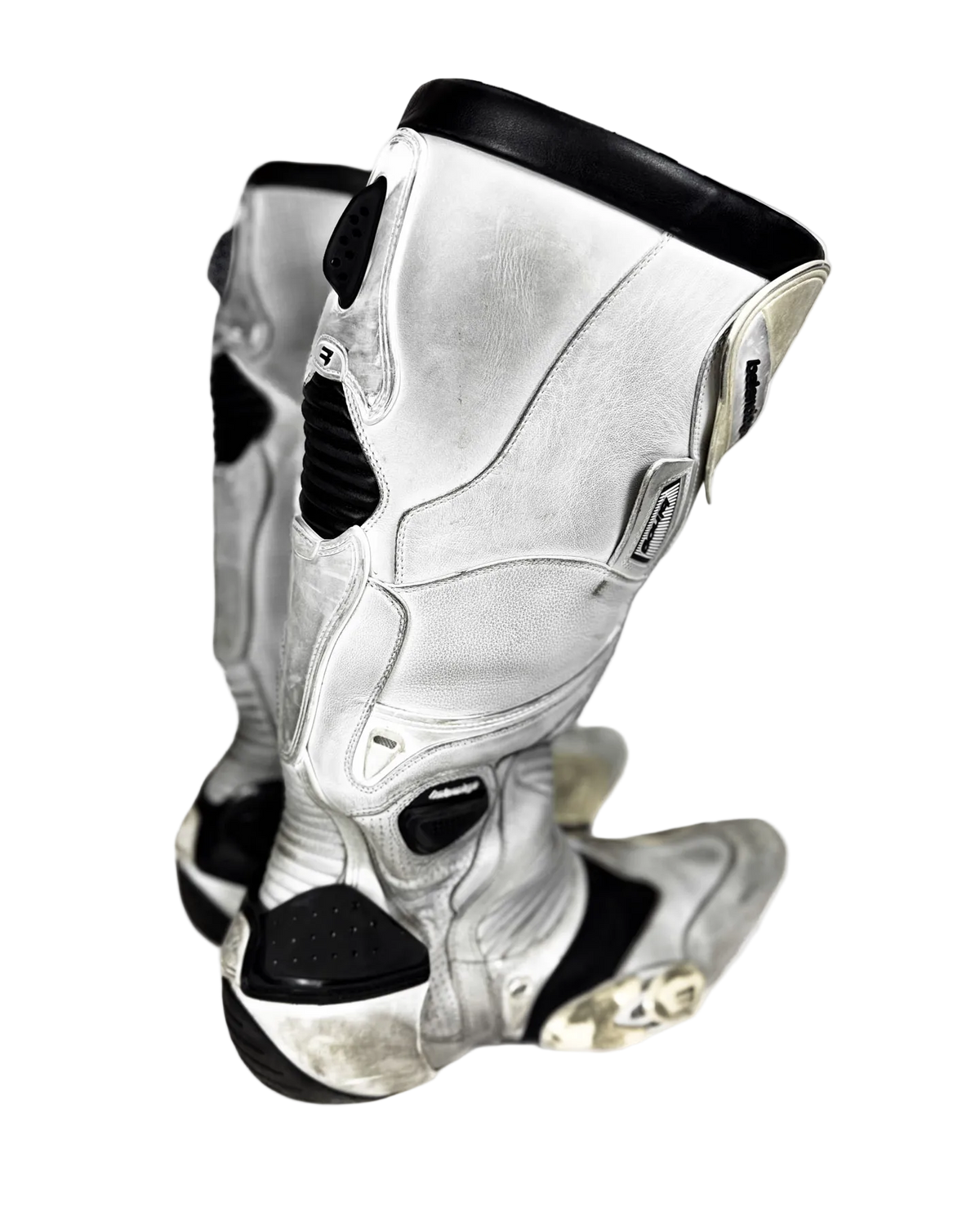 Balenciaga Winter23 white moto boots, black ankle cuff and side panel