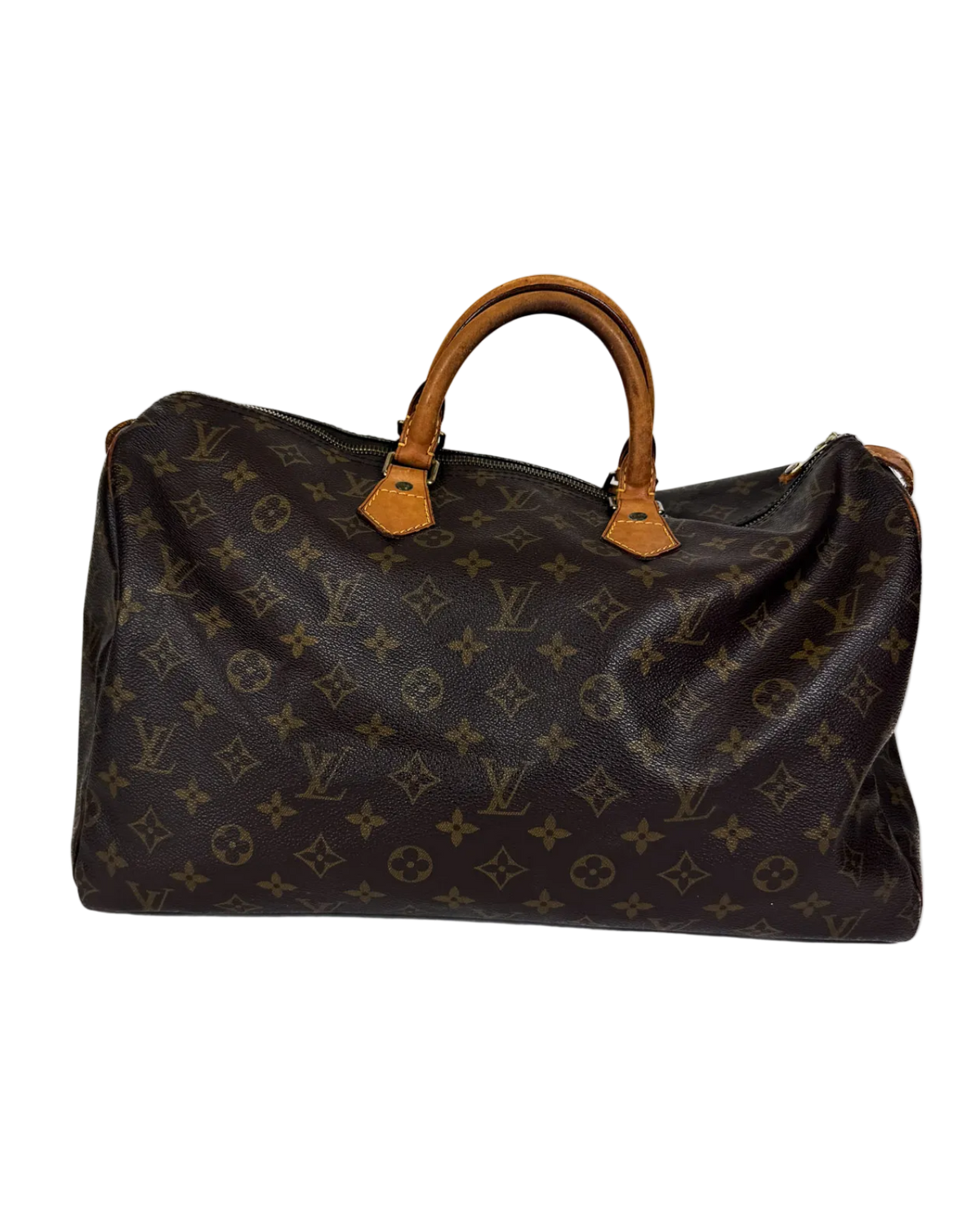 Louis Vuitton monogram duffle bag with tan leather handles and front zipper