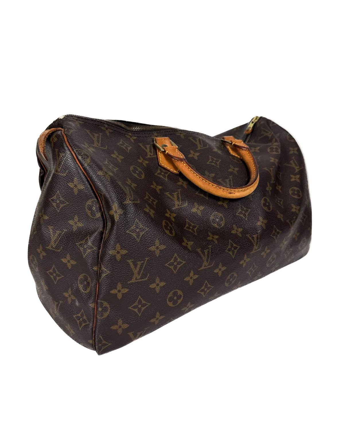 Louis Vuitton monogram duffle bag with tan strap and top handles, side view