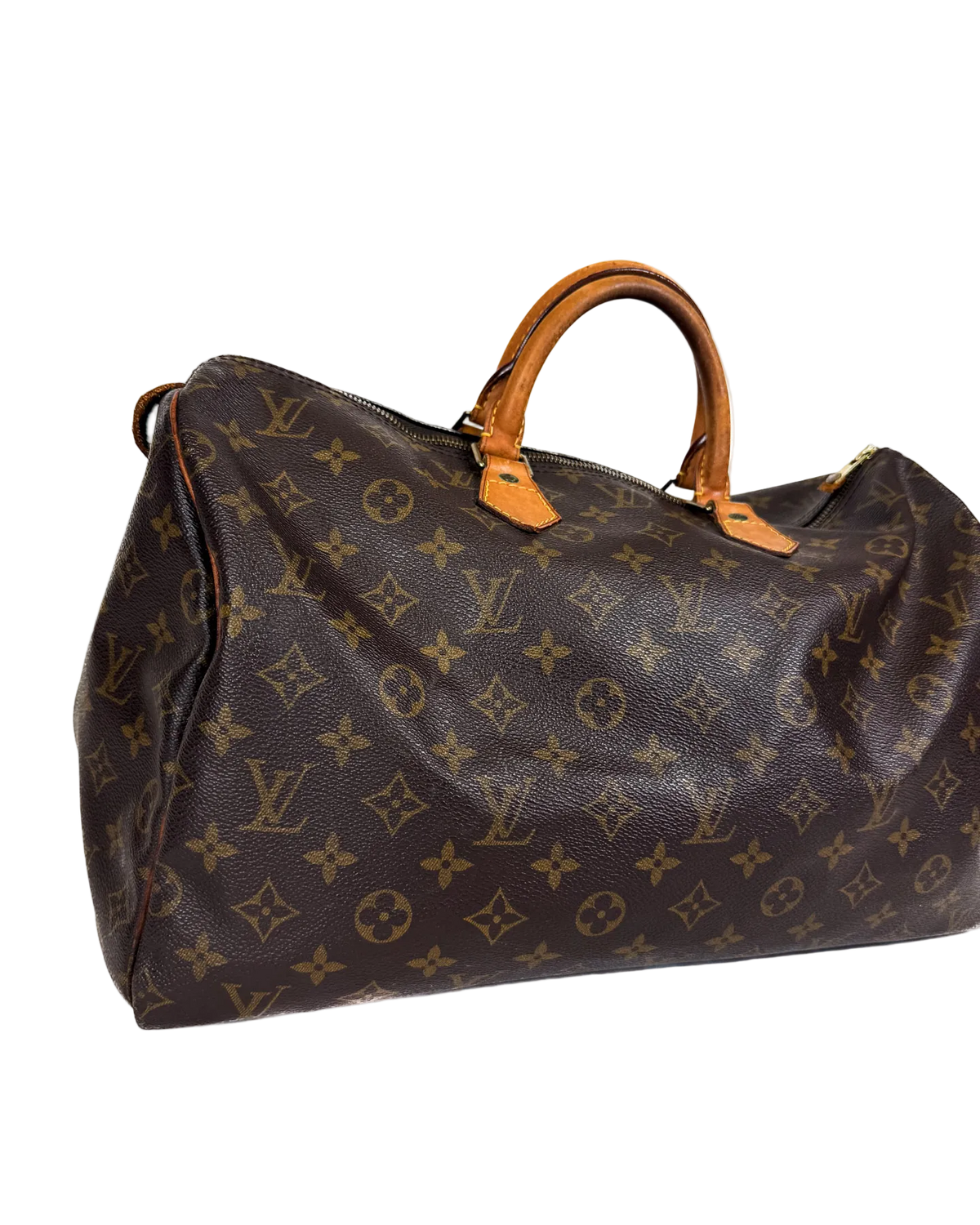 Louis Vuitton monogram duffle bag with tan leather top handles and side pocket