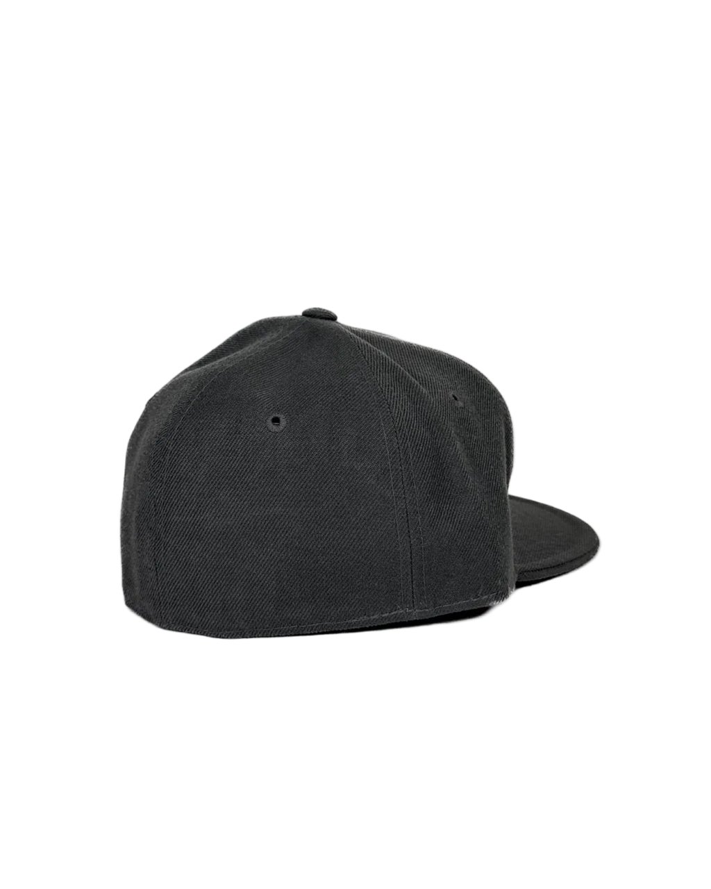 Dark grey fitted baseball cap, side view, curved brim and eyelet vents