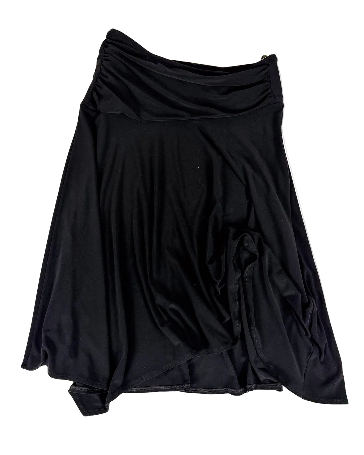 Draped dark skirt with gathered waist and flowing asymmetrical front