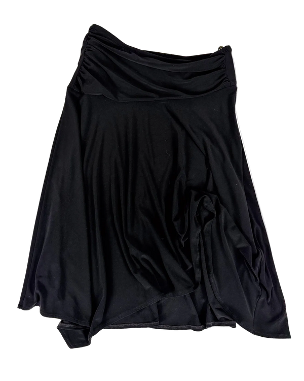 Draped dark skirt with gathered waist and flowing asymmetrical front