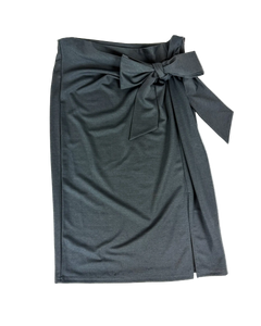 Pencil skirt with front bow knot tie and wrap-style slit, dark gray-blue midi