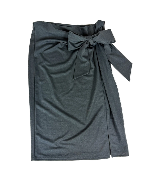 Pencil skirt with front bow knot tie and wrap-style slit, dark gray-blue midi