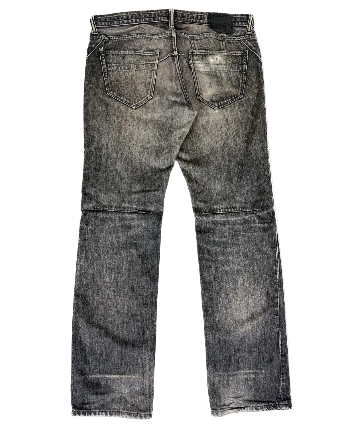 Washed charcoal denim jeans, back yoke, two patch pockets, stitched seams