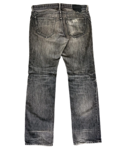 Washed charcoal denim jeans, back yoke, two patch pockets, stitched seams