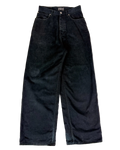 Oversized black jeans with straight wide legs and button fly.