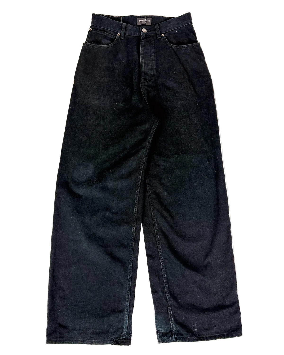 Oversized black jeans with straight wide legs and button fly.