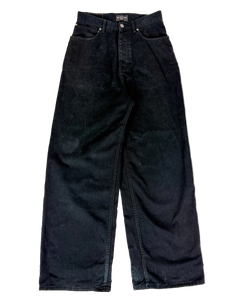 Oversized black jeans with straight wide legs and button fly.
